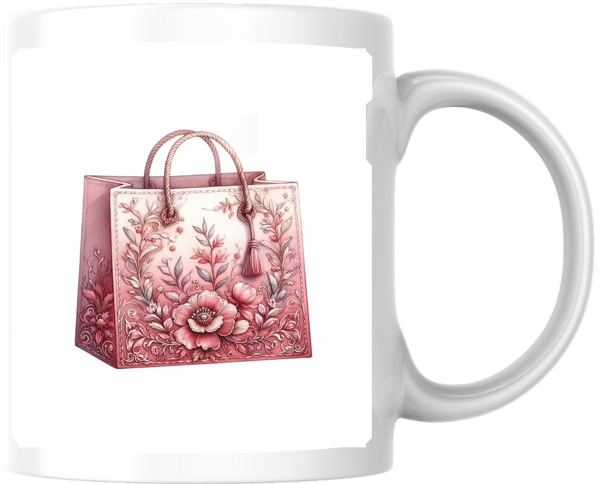 Pink Floral Gift Bag Mug | Watercolor Rose Shopping Bag Coffee Mug | Girly Shopping Lover Gift