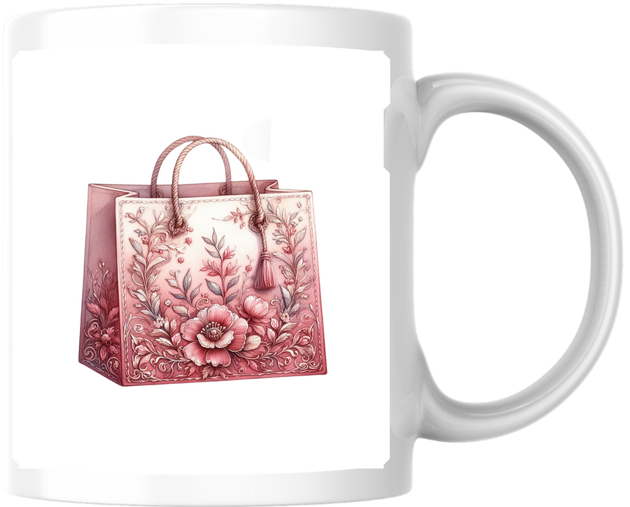 Pink Floral Gift Bag Mug | Watercolor Rose Shopping Bag Coffee Mug | Girly Shopping Lover Gift