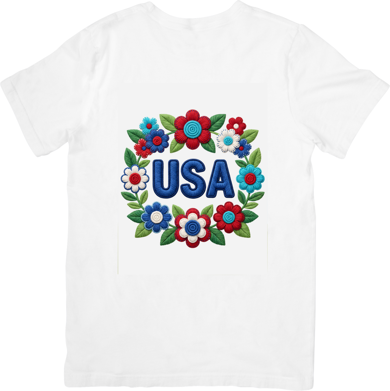 USA Floral Wreath Patriotic T-Shirt | Embroidery Style American Graphic Tee | Fourth of July Gift