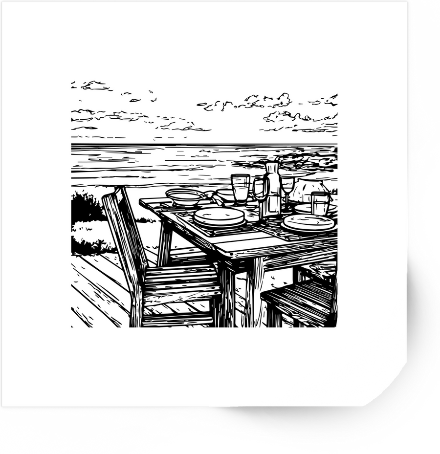 Beach Dinner Table Sticker | Black & White Coastal Sketch Vinyl Decal | Seaside Gift