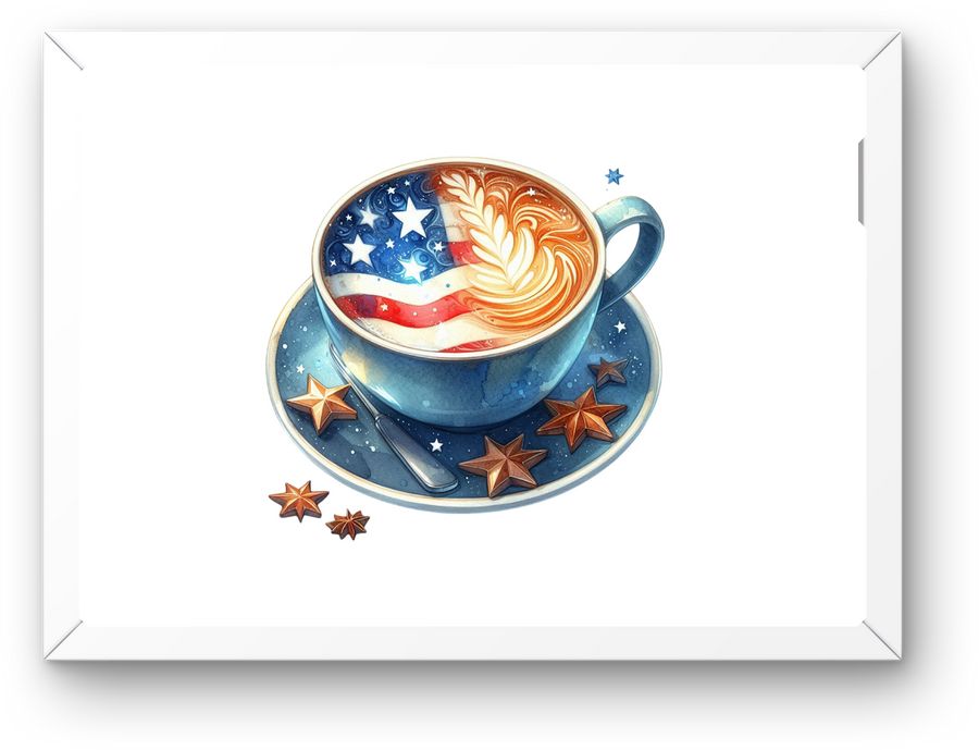 Patriotic Latte Art Wall Art | Watercolor American Flag Coffee Cup Print | 4th Of July Kitchen Gift