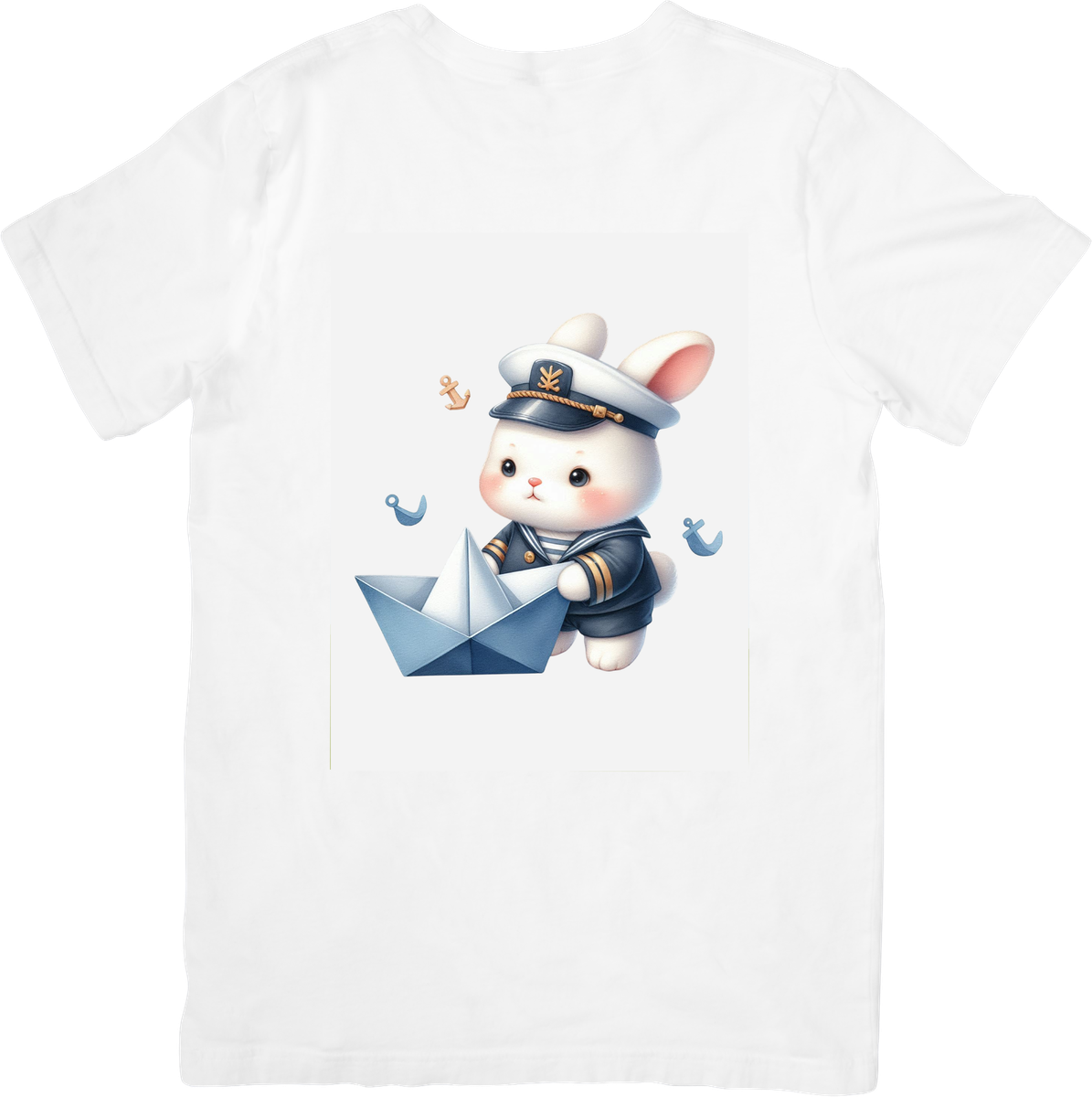Sailor Bunny Paper Boat T-Shirt | Cute Cartoon Captain Rabbit Graphic Tee | Kids Nautical Gift