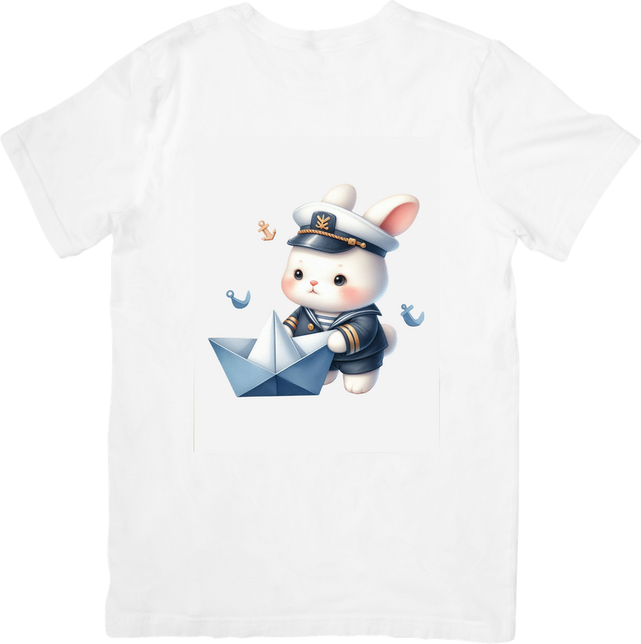Sailor Bunny Paper Boat T-Shirt | Cute Cartoon Captain Rabbit Graphic Tee | Kids Nautical Gift