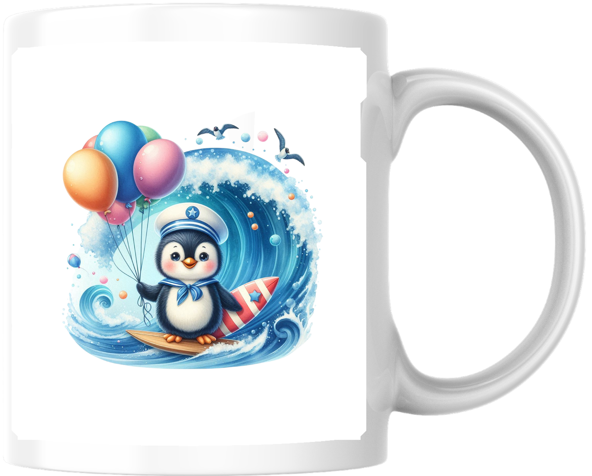 Surfing Penguin Mug | Cute Cartoon Beach Balloons Coffee Mug | Kids Summer Fun Gift