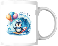 Thumbnail for Surfing Penguin Mug | Cute Cartoon Beach Balloons Coffee Mug | Kids Summer Fun Gift