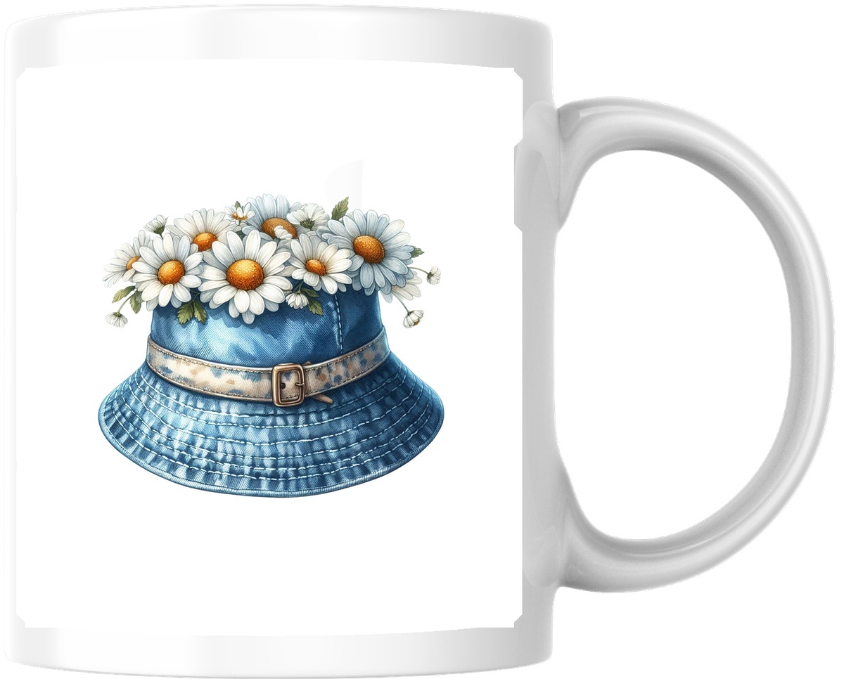 Daisy Denim Bucket Hat Mug | Watercolor Floral Summer Coffee Mug | Boho Flower Lover Gift