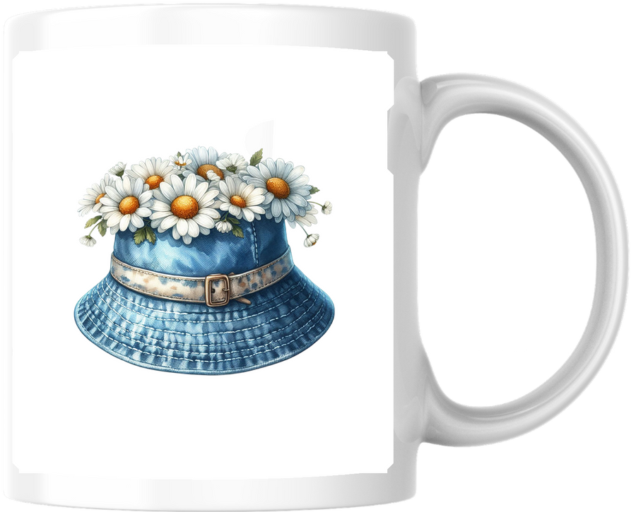 Daisy Denim Bucket Hat Mug | Watercolor Floral Summer Coffee Mug | Boho Flower Lover Gift