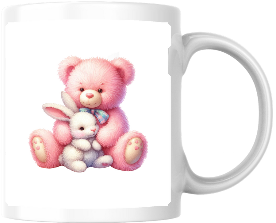 Pink Teddy Bear & Bunny Hug Mug | Cute Pastel Coffee Mug | Kids Nursery Gift