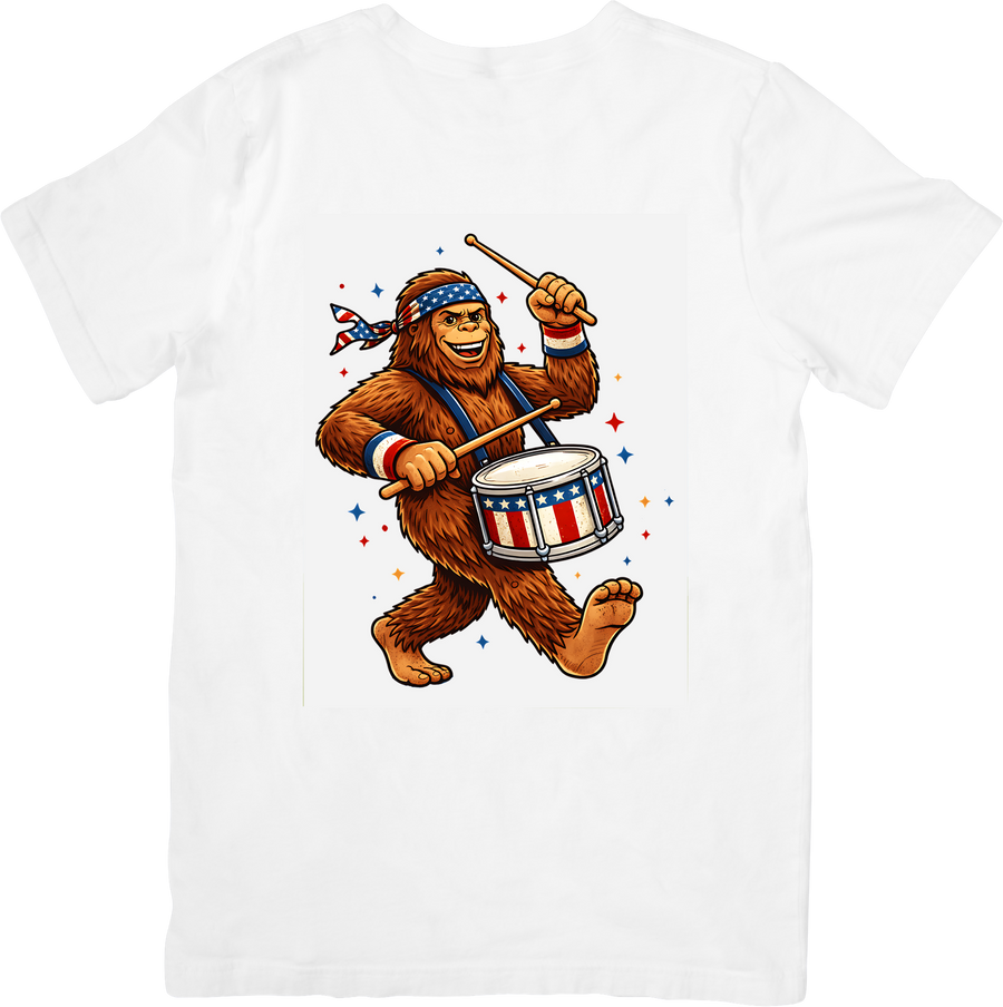 Bigfoot Patriotic Drummer T-Shirt | Heartfelt Fourth of July Sasquatch Graphic Tee | Patriot Gift