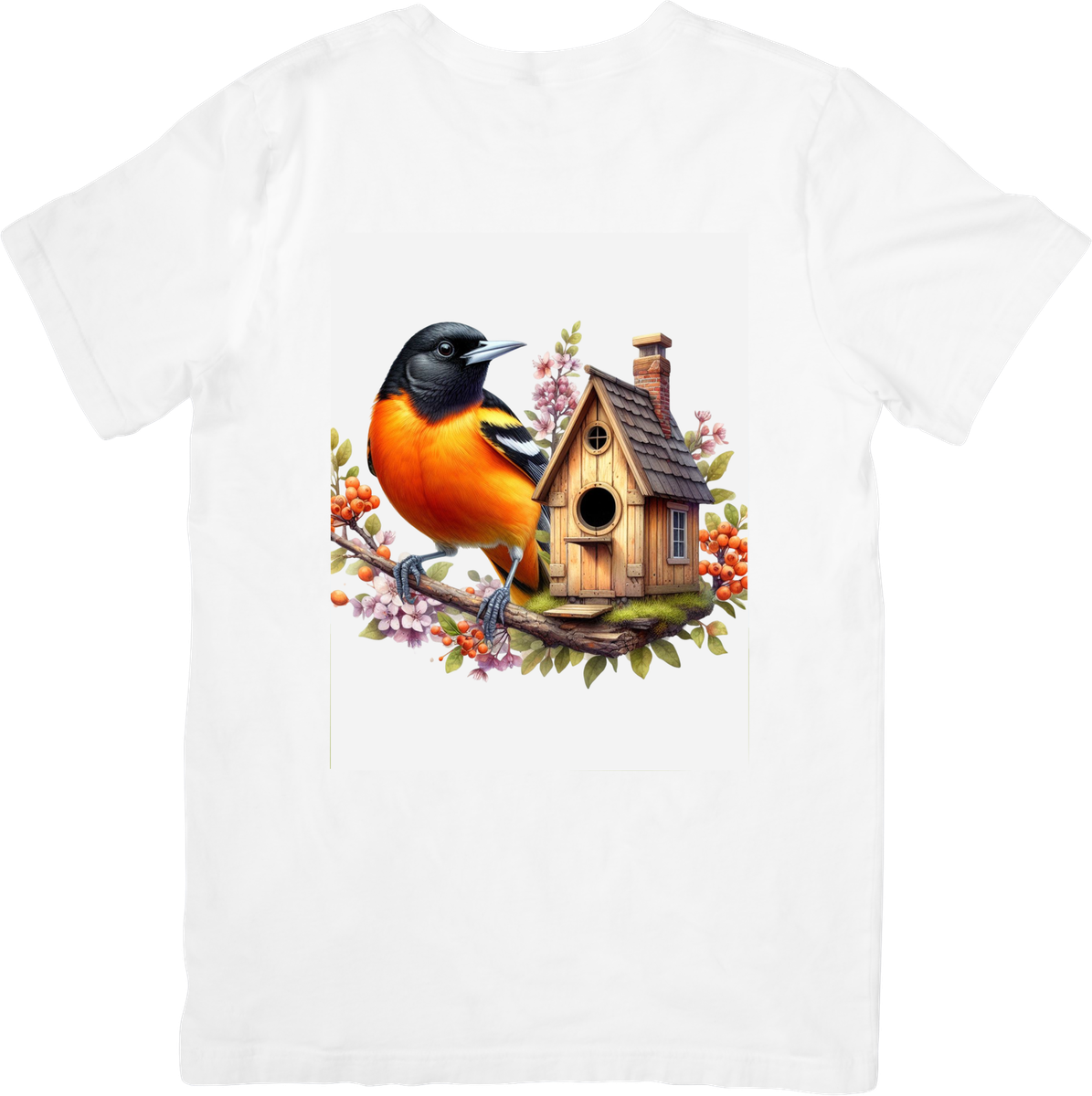 Oriole Bird Birdhouse T-Shirt | Watercolor Orange Songbird Floral Graphic Tee | Bird Lover Nature Gift