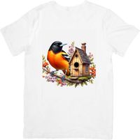 Thumbnail for Oriole Bird Birdhouse T-Shirt | Watercolor Orange Songbird Floral Graphic Tee | Bird Lover Nature Gift