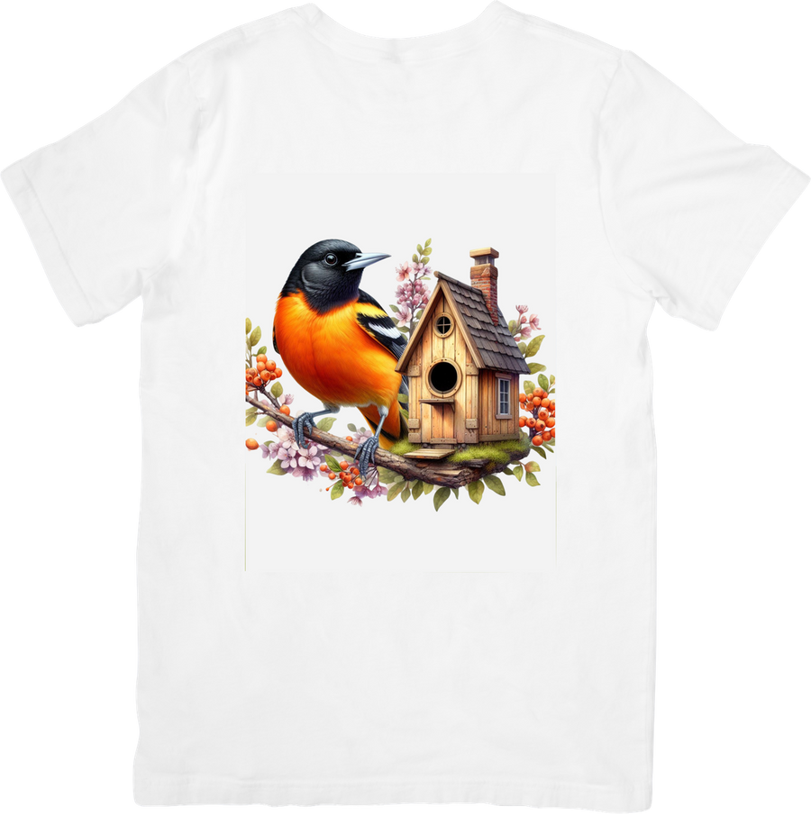 Oriole Bird Birdhouse T-Shirt | Watercolor Orange Songbird Floral Graphic Tee | Bird Lover Nature Gift