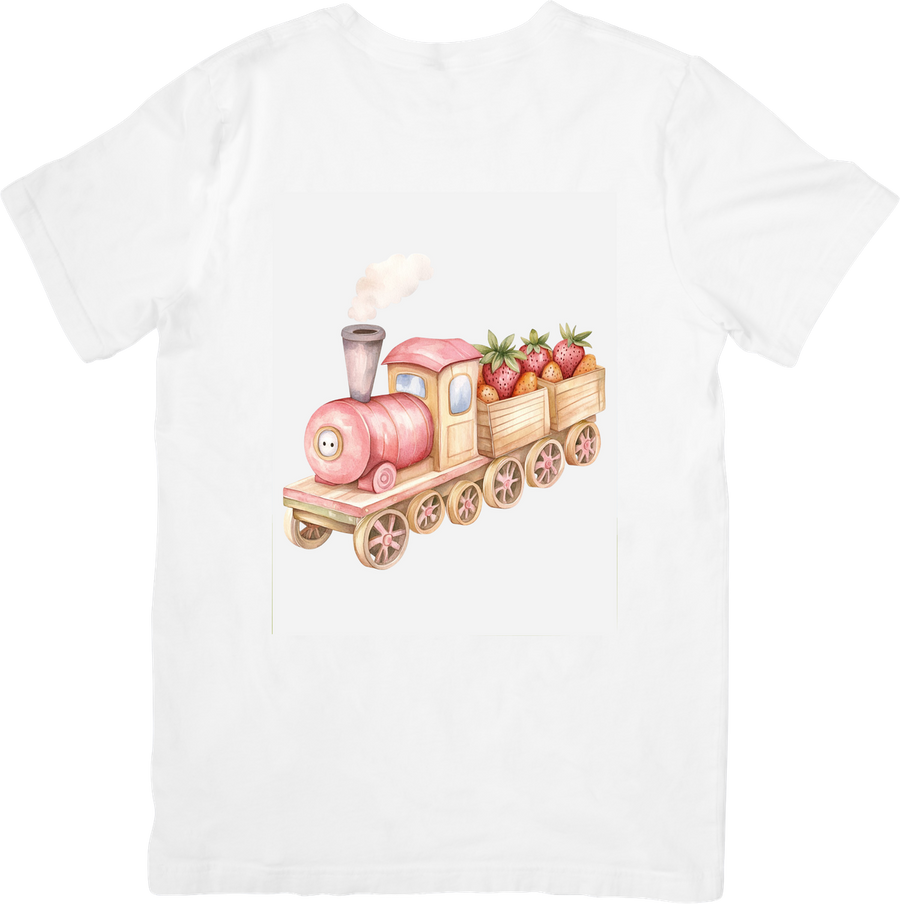 Strawberry Train T-Shirt | Watercolor Toy Locomotive Berry Cart Graphic Tee | Cute Kids Foodie Gift